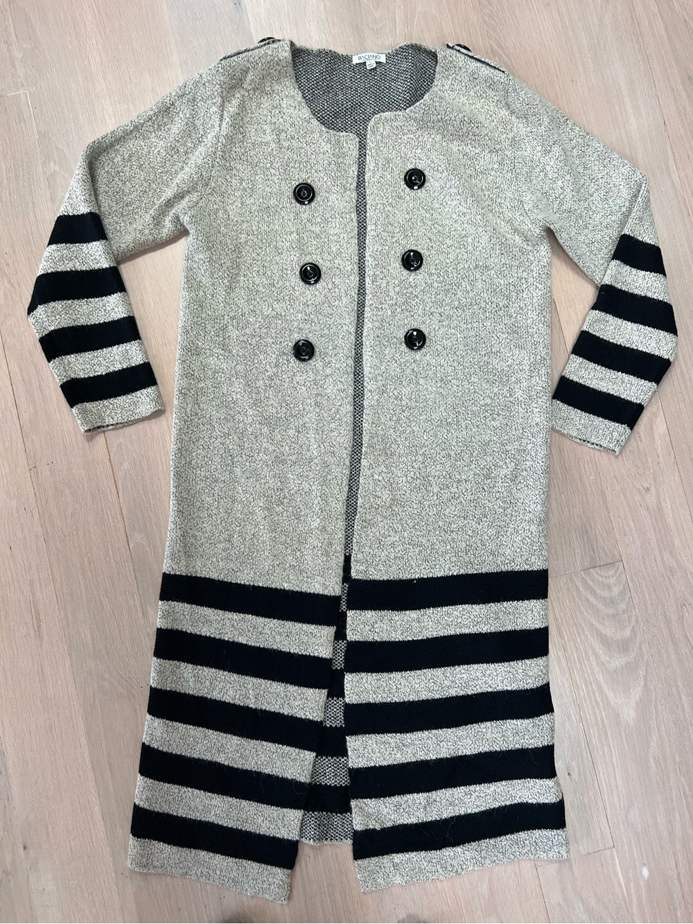 Baciano Long Duster Open Cardigan Sweater Striped Grey Black Epaulette Buttons L
